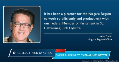 Niagara Regional Chair Alan Caslin, wearing the chain of office representing all citizens of Niagara, Ontario, in an ad supporting the candidacy of Harper Tory and since defeated St. Catharines MP Rick Dykstra during last October 2015 federal election