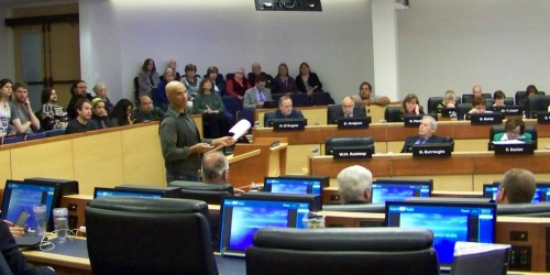 Niagara, Ontario citizen Ed Smith speaking in opposition of destroying significantly significant wetlands for urban development at an April 7th meeting of regional council