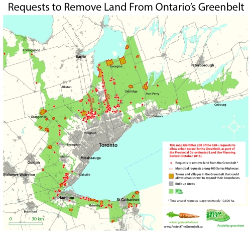Red dots on this map in Niagara Region and other areas of southern Ontario identify areas developers and others are asking provincial government to remove from protected Greenbelt.